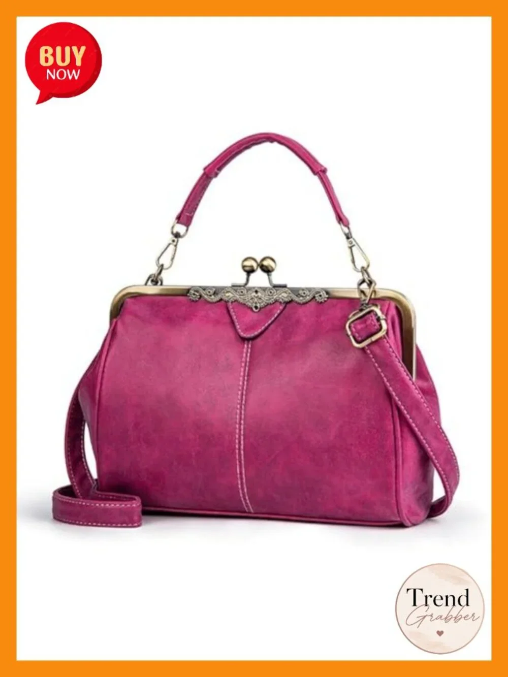 Vegan Leather Satchel Handbag with Kiss Lock, Adjustable Crossbody Strap